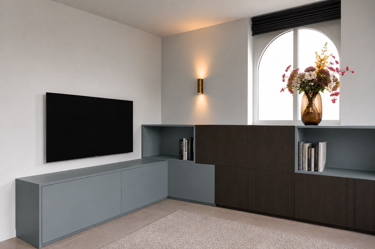 Tv-meubel op maat in woning Amersfoort met geïntegreerde boekenvakken.