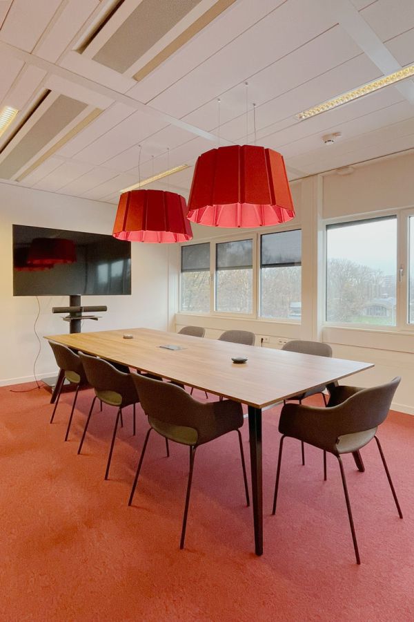Vergaderruimte met design tafel, rood tapijt, akoestische rode hanglampen en grote ramen.