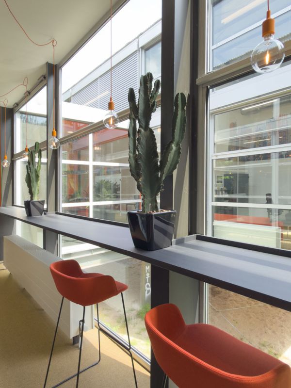 Flexibele werkplek met wandtafel, oranje krukken en planten